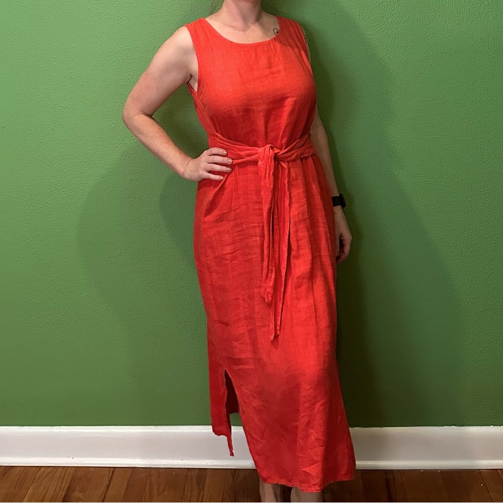 100% linen red dress